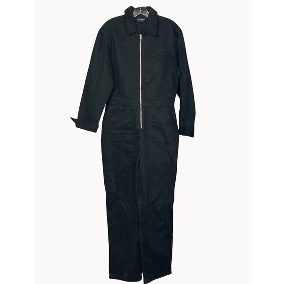 Steve Madden Womens Medium Black Denim Jumpsuit Partial Zip Long Sleeve NWOT